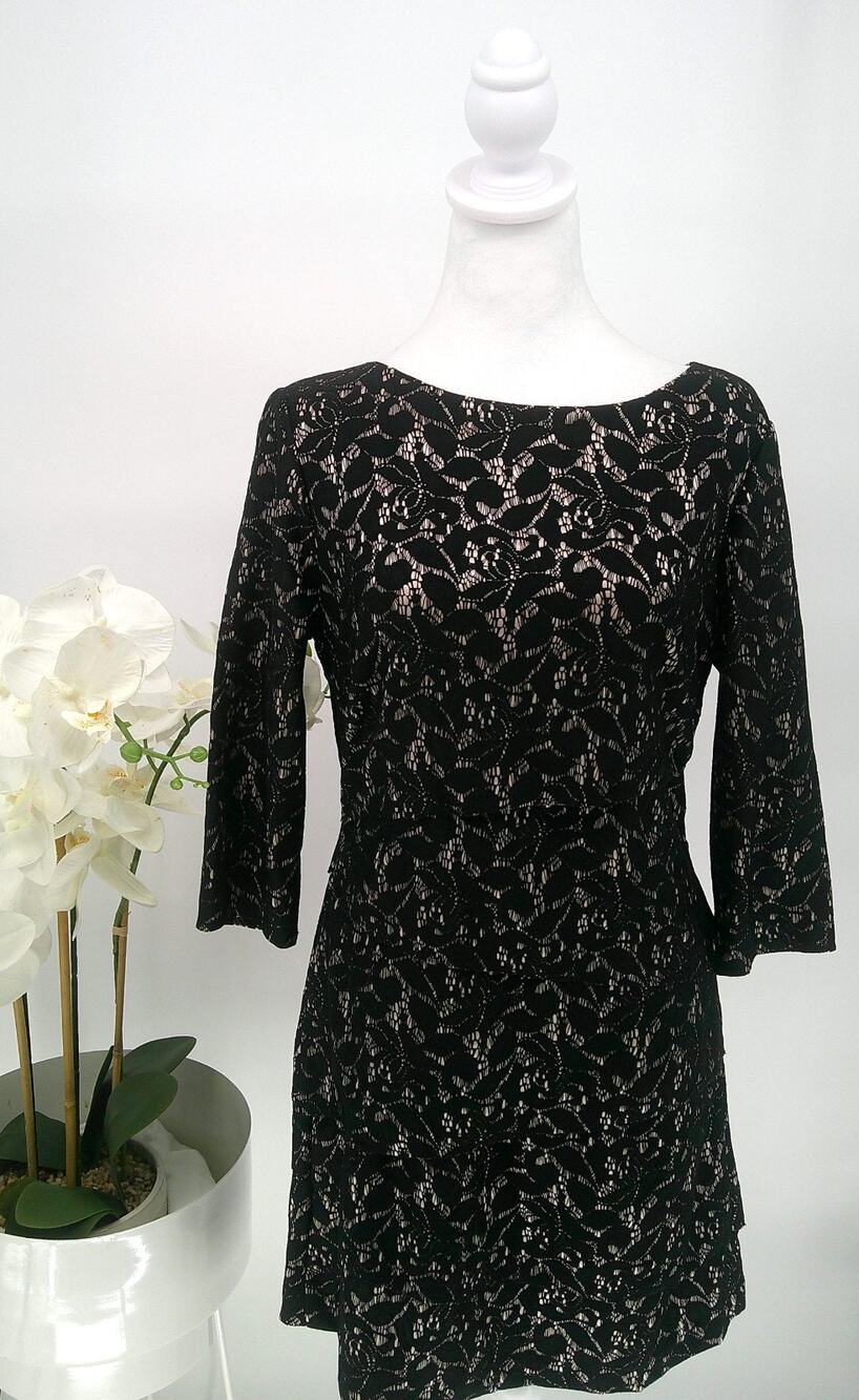 Tahari Womens Black Metallic Floral Stretch 3/4 Sleeve Lace Overlay Dress Sz 10